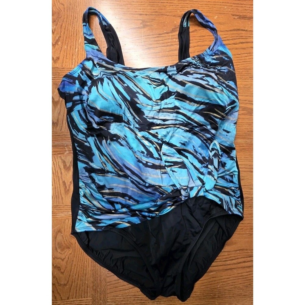 GREAT LENGTHS SHINY BLUE PURPLE BLACK RUCHED SWIM BATHING SWIMSUIT Women's 18
